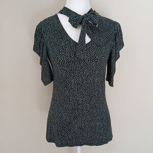 Anthropologie Postmark Ditsy Floral Tie Neck Blouse Green & Black Size Small